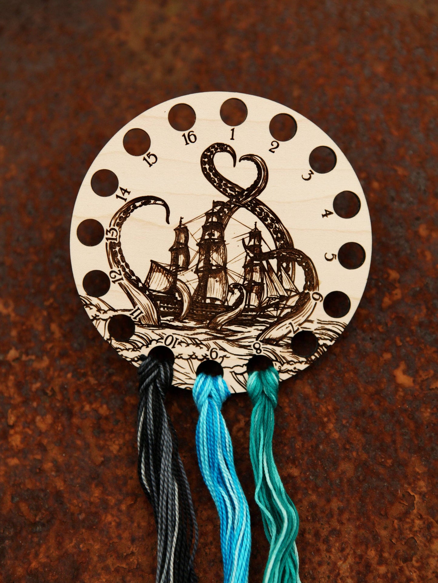 Kraken Squid Ship Embroidery Floss Storage Organizer