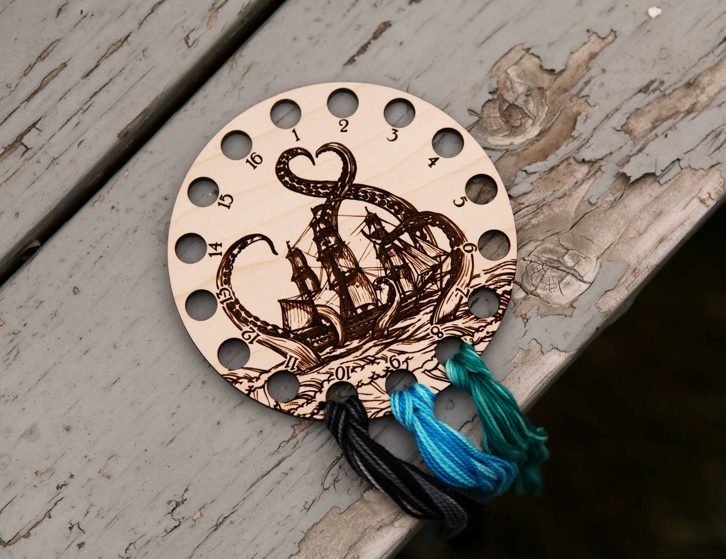 Kraken Squid Ship Embroidery Floss Storage Organizer