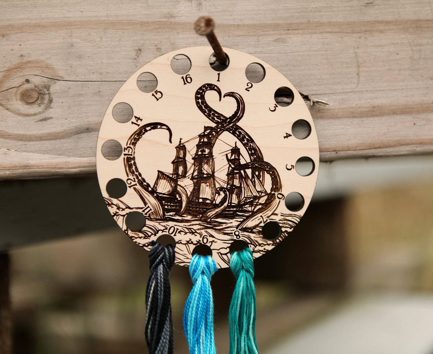 Kraken Squid Ship Embroidery Floss Storage Organizer
