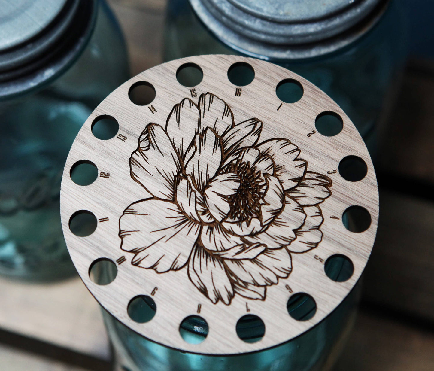 Peony Embroidery Floss Storage Holder Walnut Wood