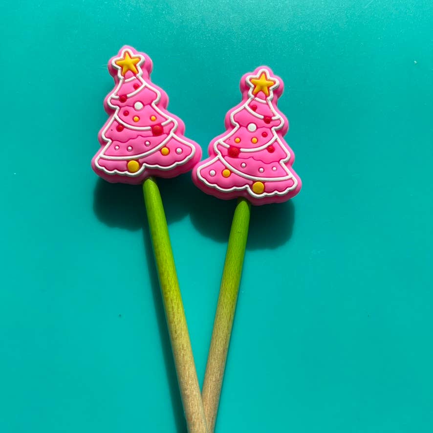 Knitting Needle Point Protectors - Pink Christmas tree retro: Red
