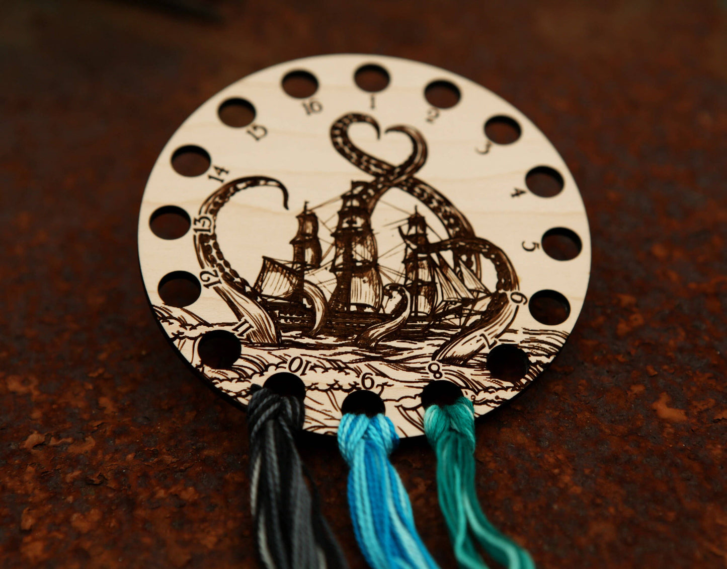 Kraken Squid Ship Embroidery Floss Storage Organizer