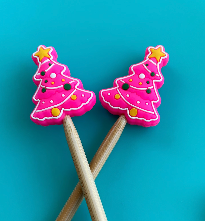 Knitting Needle Point Protectors - Pink Christmas tree retro: Red