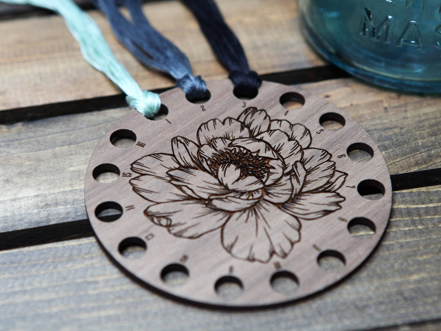 Peony Embroidery Floss Storage Holder Walnut Wood