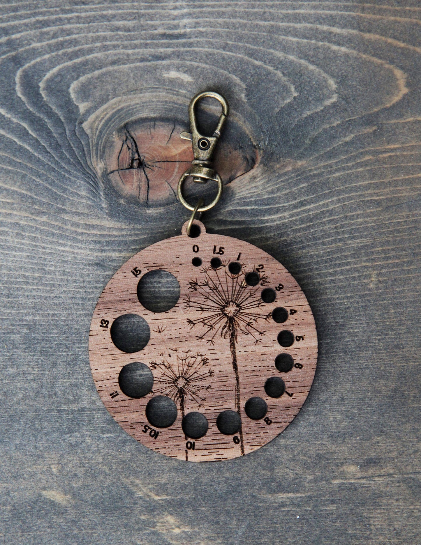 Walnut Knitting Needle Gauge Dandelion with Bronze Clasp