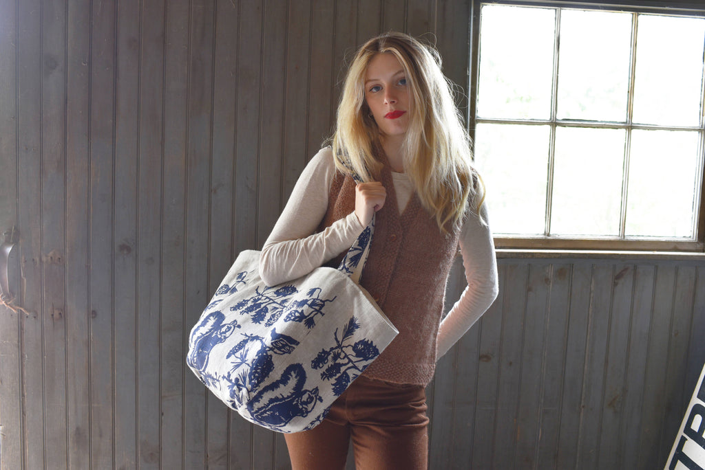 Pine Cone Heavy Linen Boho Tote Bag: Navy by Erin Flett
