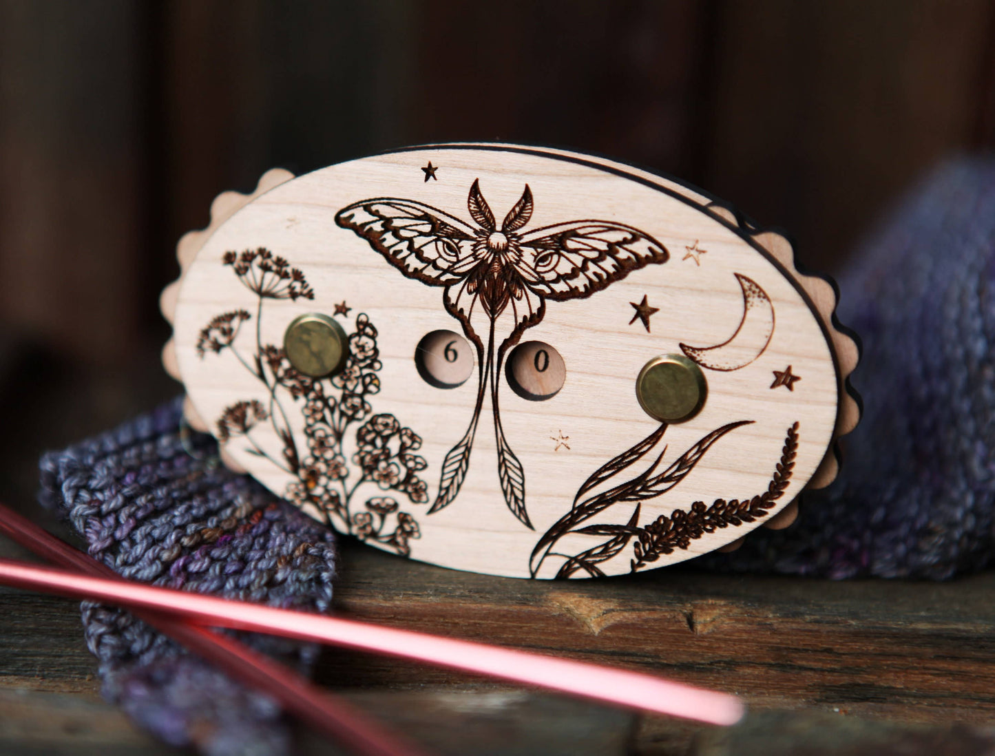 Luna Moth Cherry Wood Knitting Row Counter with Stars & Moon