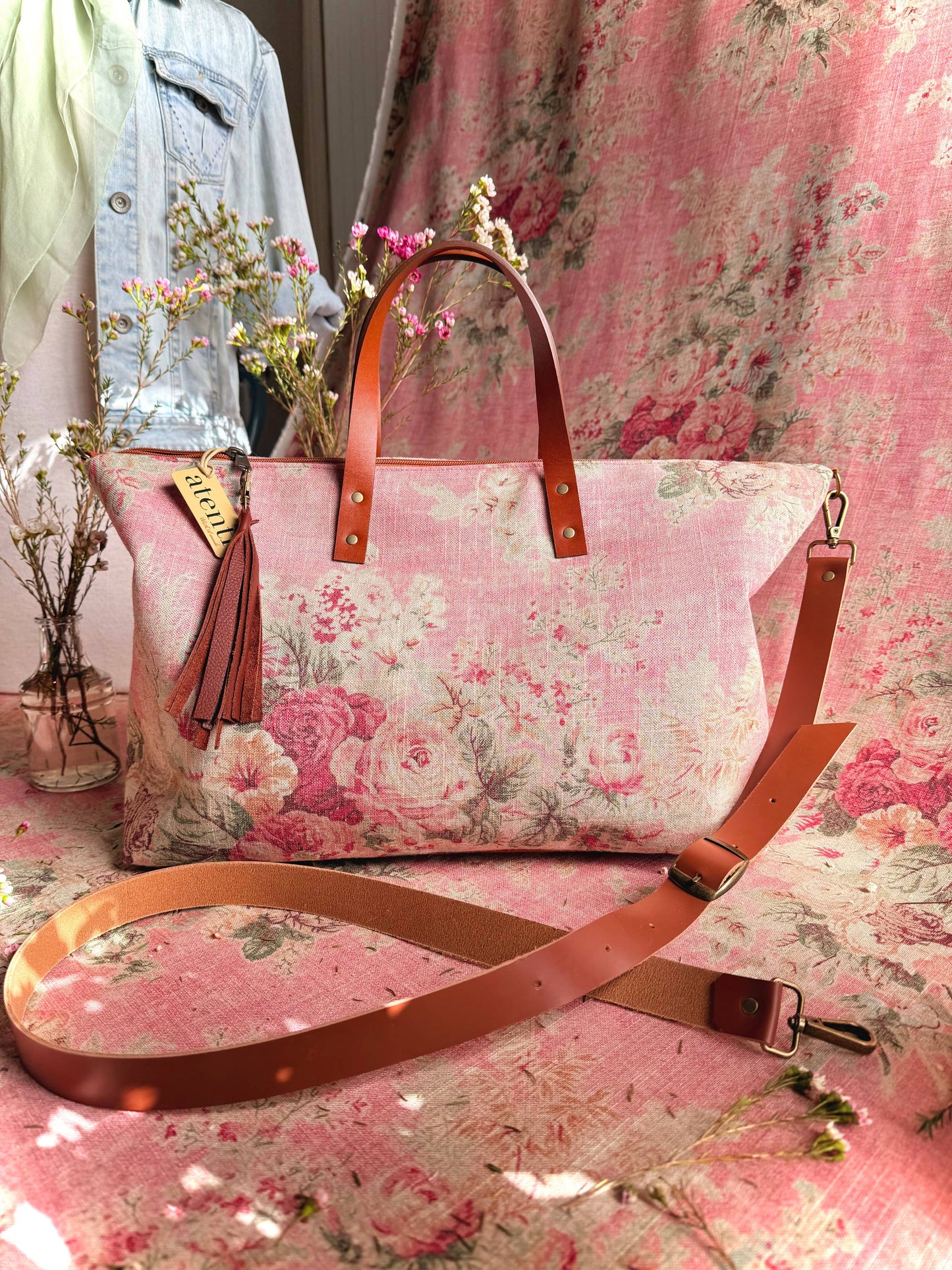 Rosewood Buddy Bag– Atenti USA Handmade, Floral Carryall Leather Handle & Crossbody Strap Bag