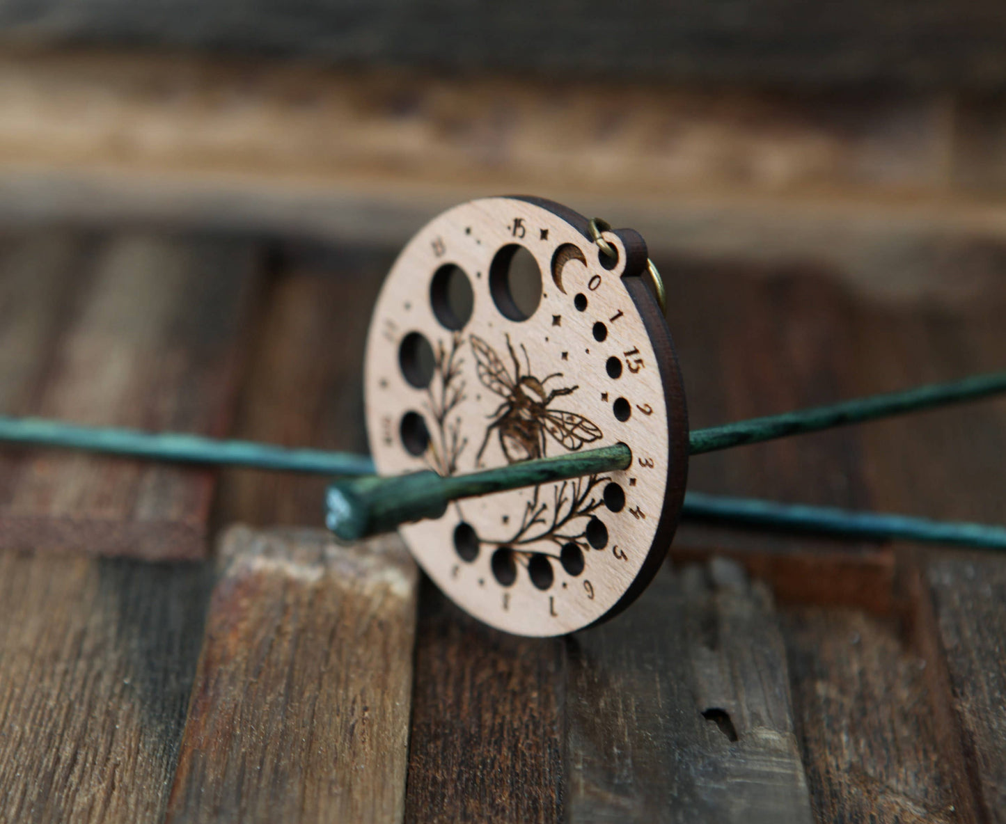 Bee & Moon Knitting Gauge - Cherry Wood, Bronze Clasp