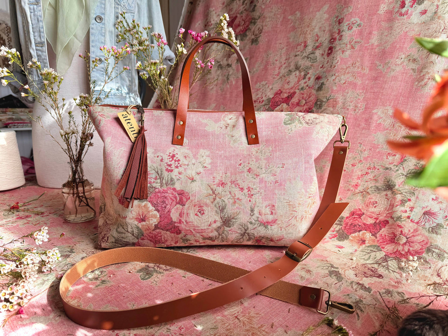 Rosewood Buddy Bag– Atenti USA Handmade, Floral Carryall Leather Handle & Crossbody Strap Bag