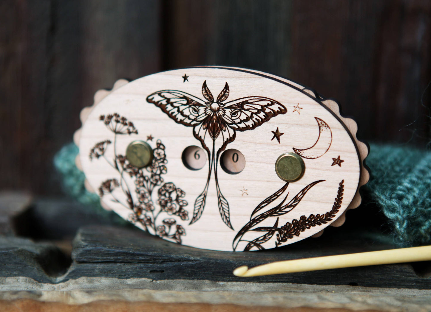 Luna Moth Cherry Wood Knitting Row Counter with Stars & Moon