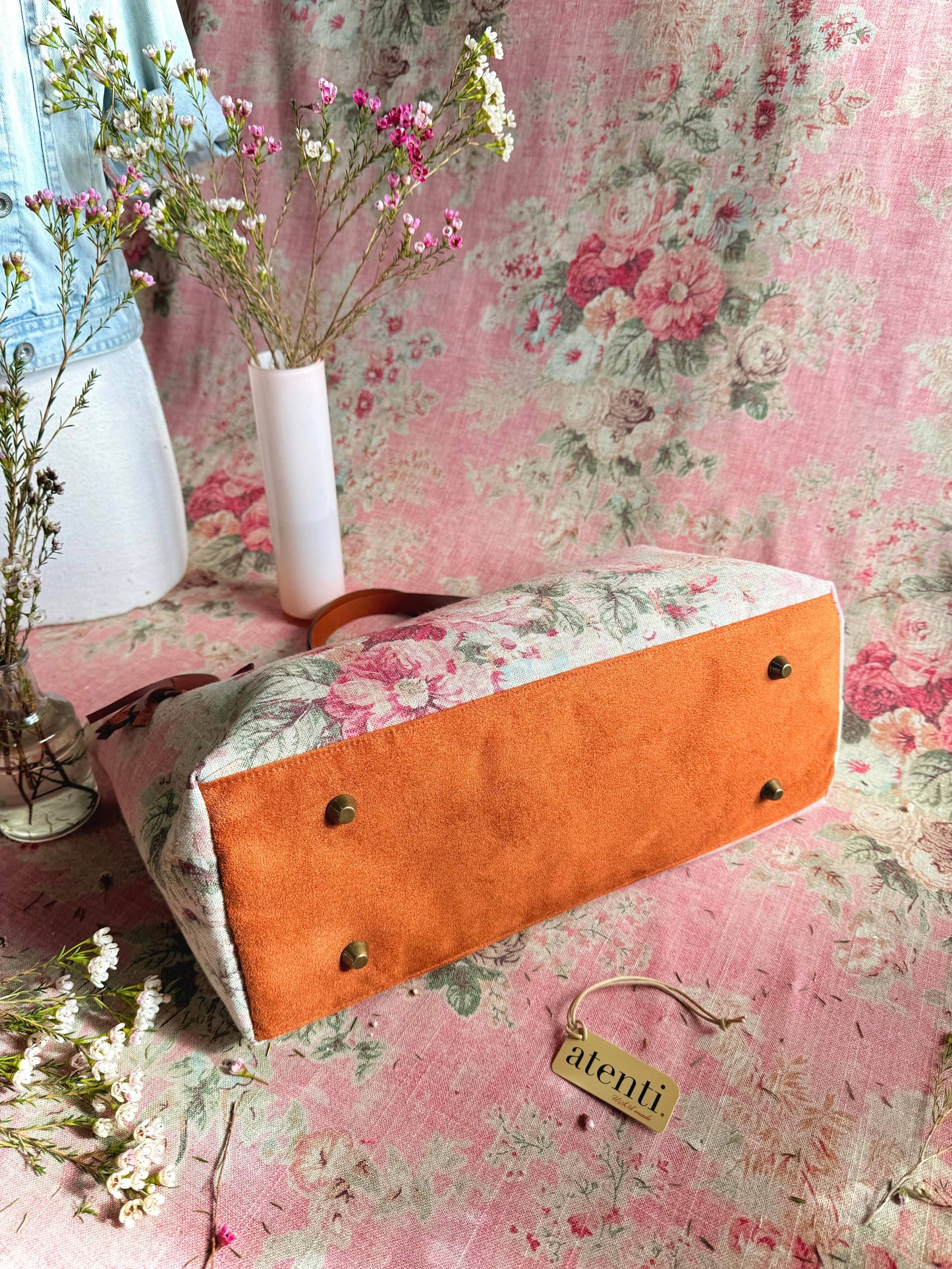 Rosewood Buddy Bag– Atenti USA Handmade, Floral Carryall Leather Handle & Crossbody Strap Bag