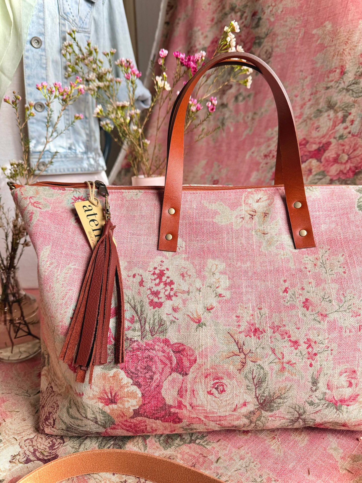 Rosewood Buddy Bag– Atenti USA Handmade, Floral Carryall Leather Handle & Crossbody Strap Bag