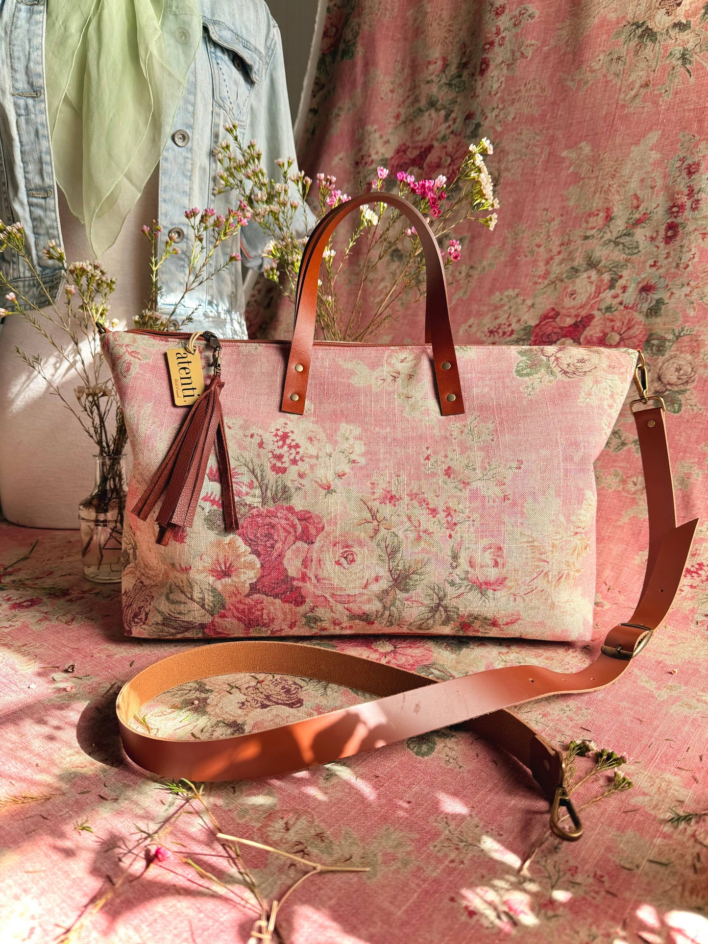 Rosewood Buddy Bag– Atenti USA Handmade, Floral Carryall Leather Handle & Crossbody Strap Bag