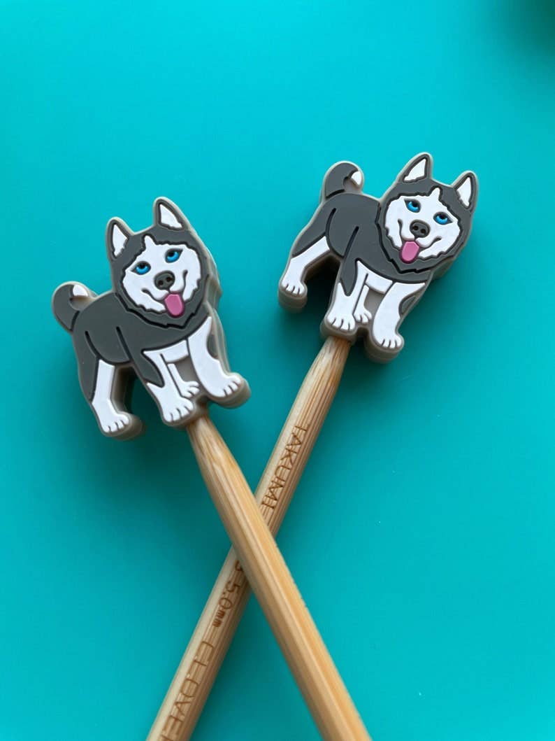 Knitting Needle Point Protectors Husky Sled Dog Pet Animal by Comma Craft Co