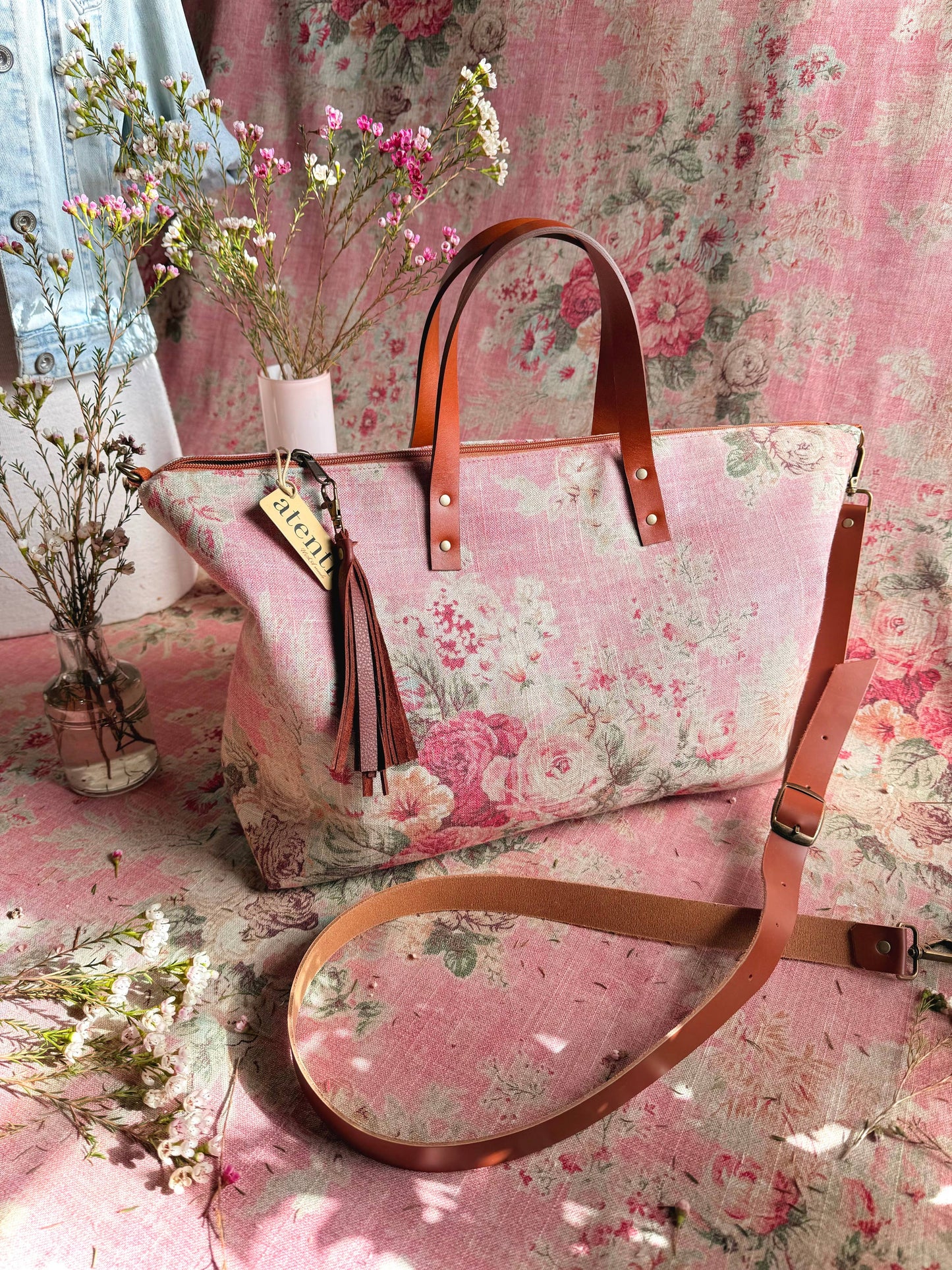 Rosewood Buddy Bag– Atenti USA Handmade, Floral Carryall Leather Handle & Crossbody Strap Bag