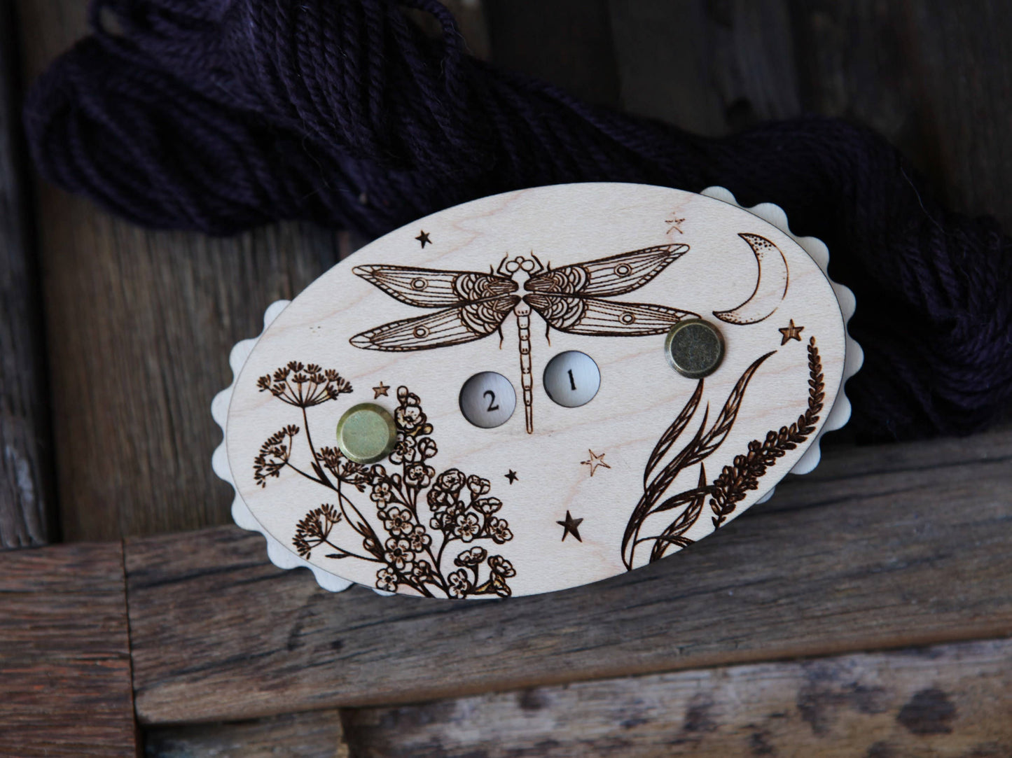 Maple Wood Dragonfly Knitting Row Counter with Stars & Moon: Walnut