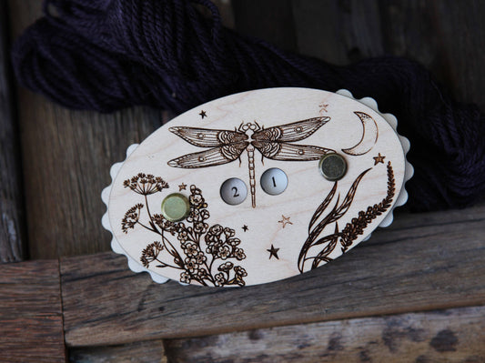 Maple Wood Dragonfly Knitting Row Counter with Stars & Moon: Walnut