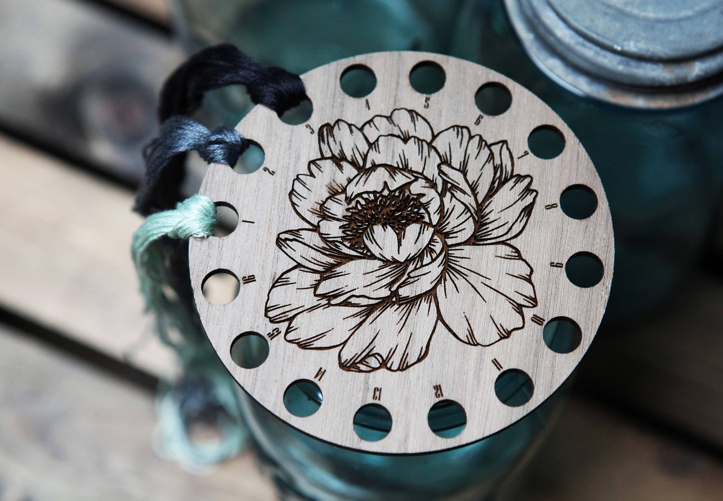 Peony Embroidery Floss Storage Holder Walnut Wood