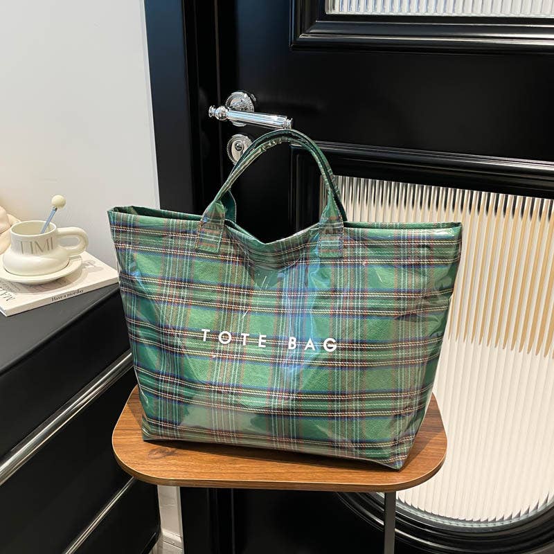Christmas Plaid PVC Tote Bag for Women : Red