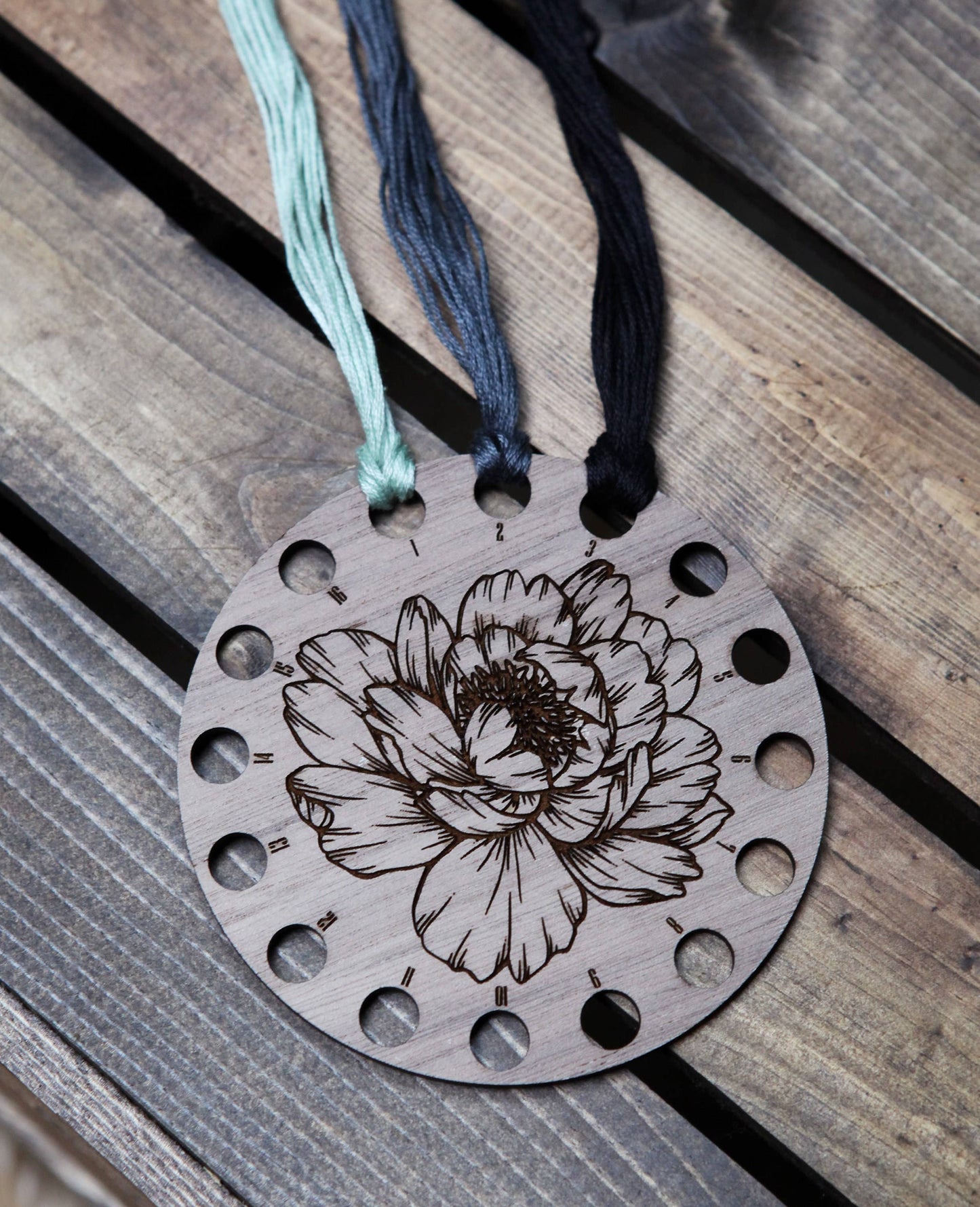 Peony Embroidery Floss Storage Holder Walnut Wood