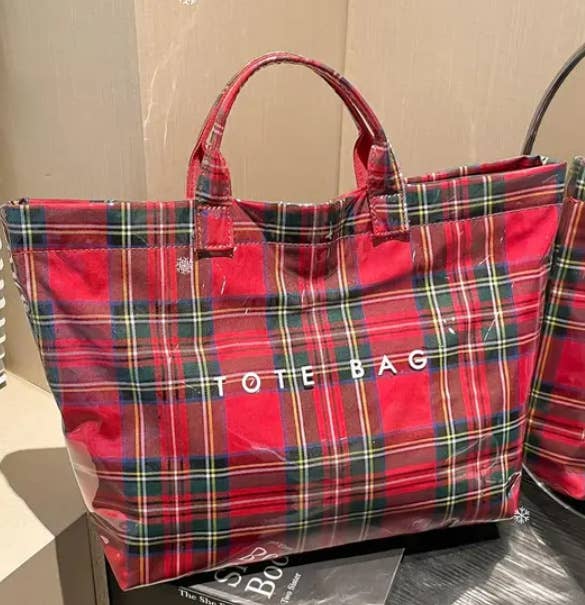 Christmas Plaid PVC Tote Bag for Women : Red