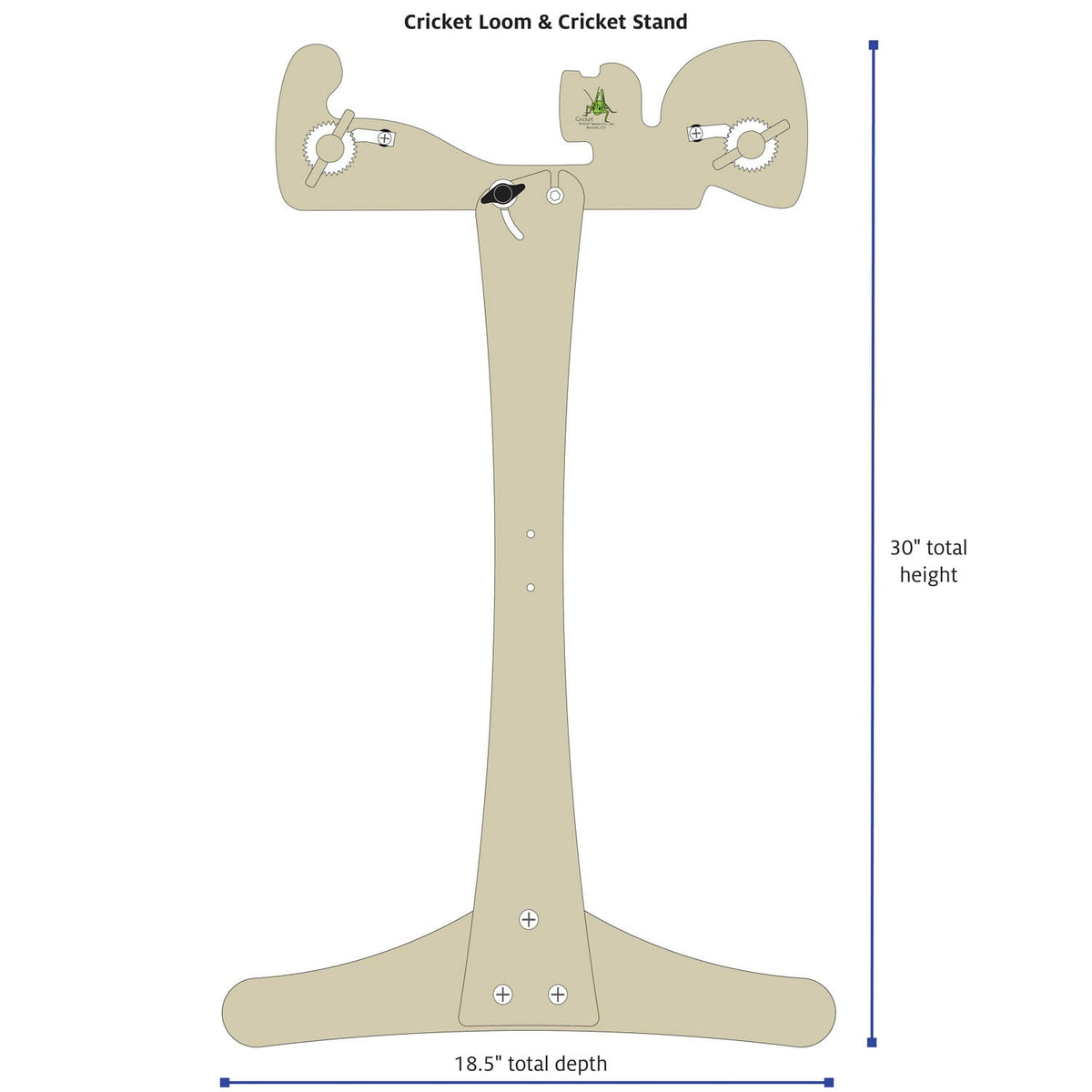 Soporte Cricket de Schacht, diagrama de medidas, con un telar Cricket