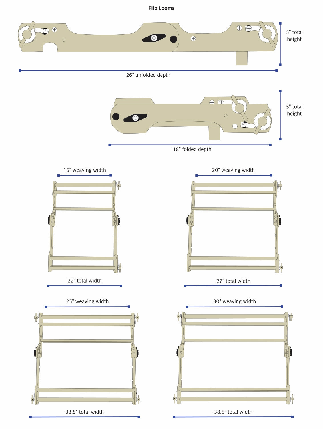 Telar plegable Flip de Schacht, diagrama de medidas