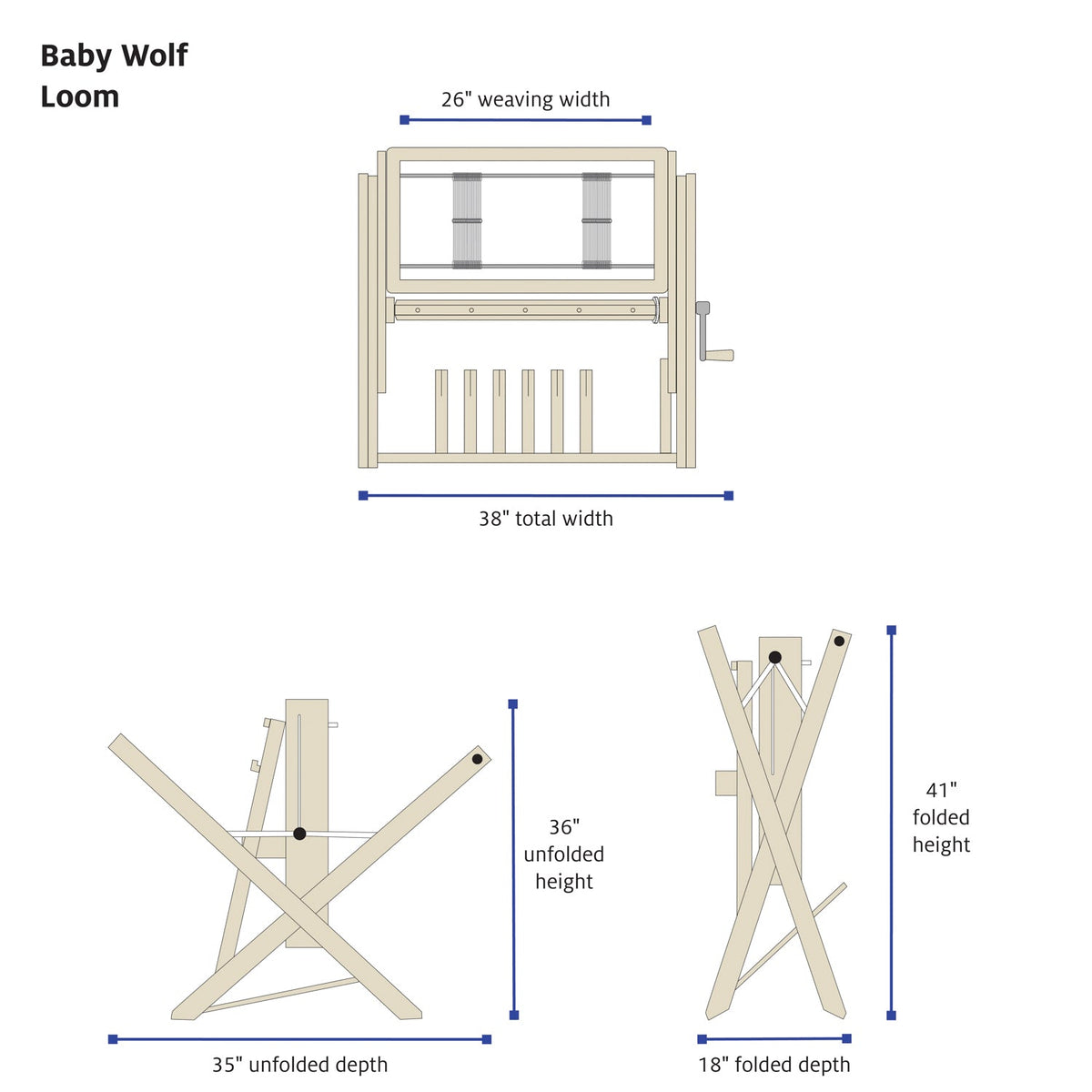 Telar Baby Wolf de 8 marcos de Schacht, diagrama de medidas