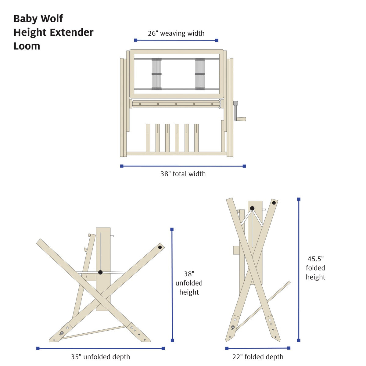Telar Baby Wolf de 4 marcos con extensor de altura de Schacht, diagrama de medidas