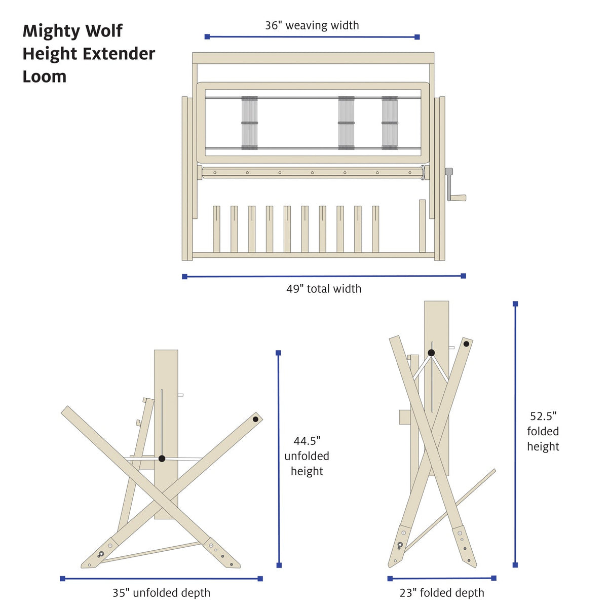Kit extensor de altura para telar Baby Wolf/Mighty Wolf de 4 marcos de Schacht, medidas del telar Mighty Wolf con extensor de altura
