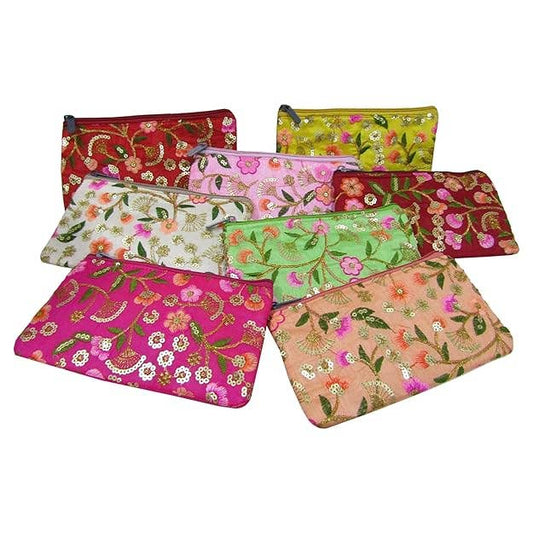 Repurposed Floral Embroidered Pouch, Light Assorted Colors