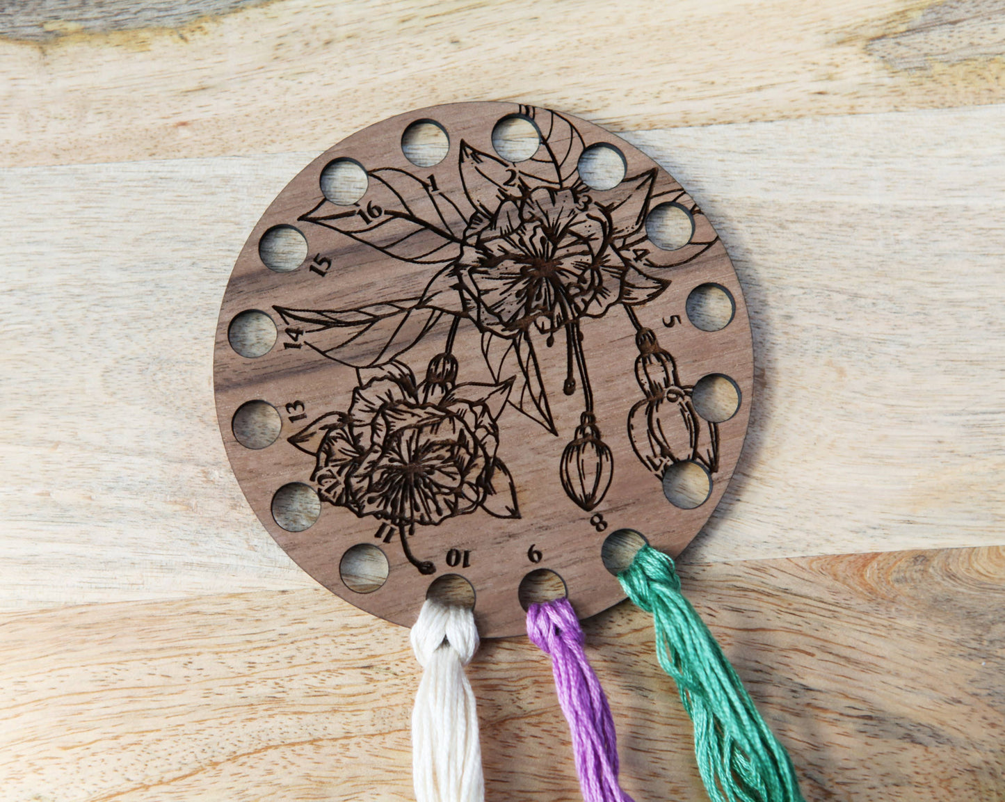 Walnut Wood Circle Embroidery Floss Storage Holder