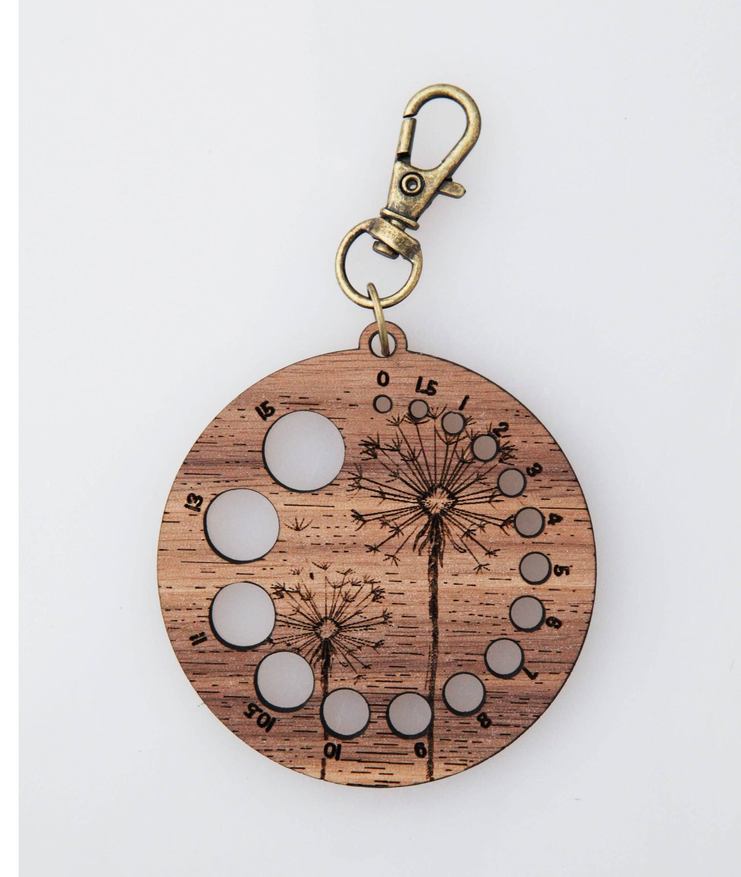 Walnut Knitting Needle Gauge Dandelion with Bronze Clasp