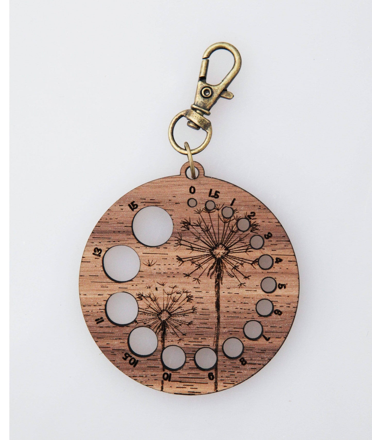 Walnut Knitting Needle Gauge Dandelion with Bronze Clasp