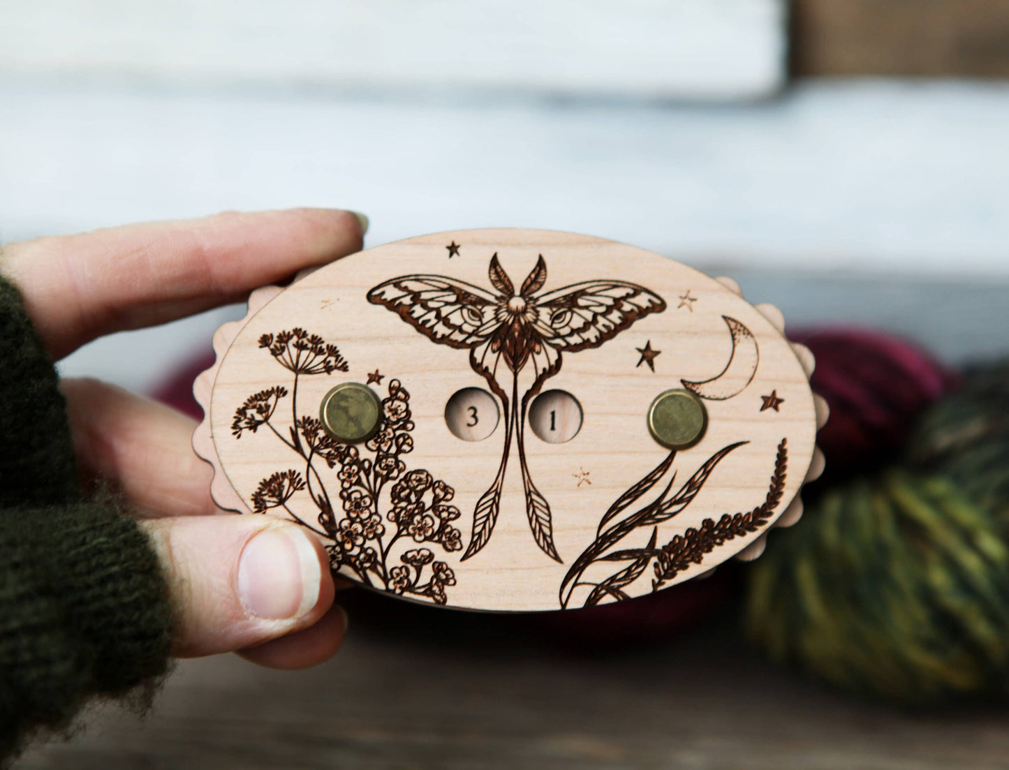Luna Moth Cherry Wood Knitting Row Counter with Stars & Moon