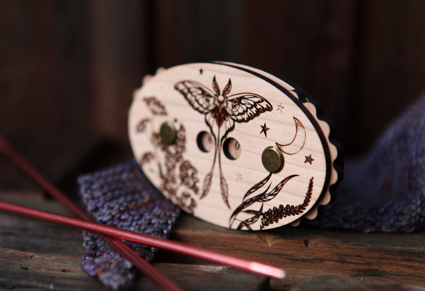 Luna Moth Cherry Wood Knitting Row Counter with Stars & Moon