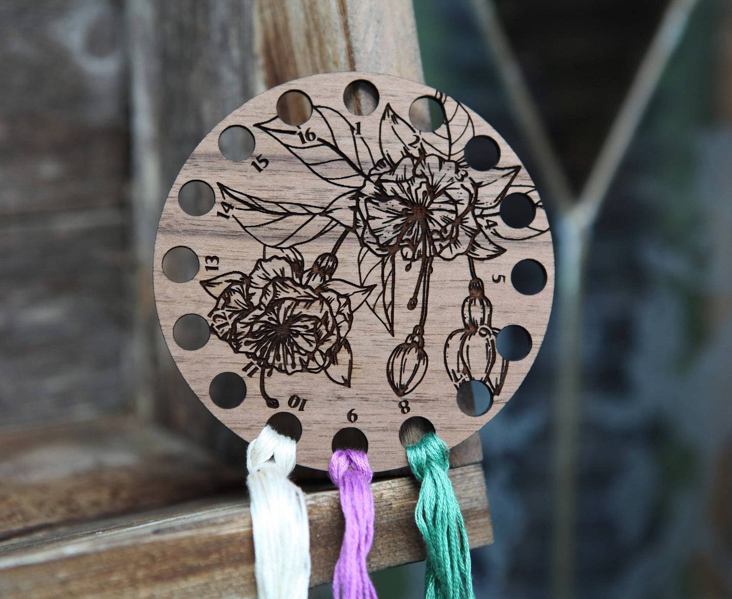 Walnut Wood Circle Embroidery Floss Storage Holder