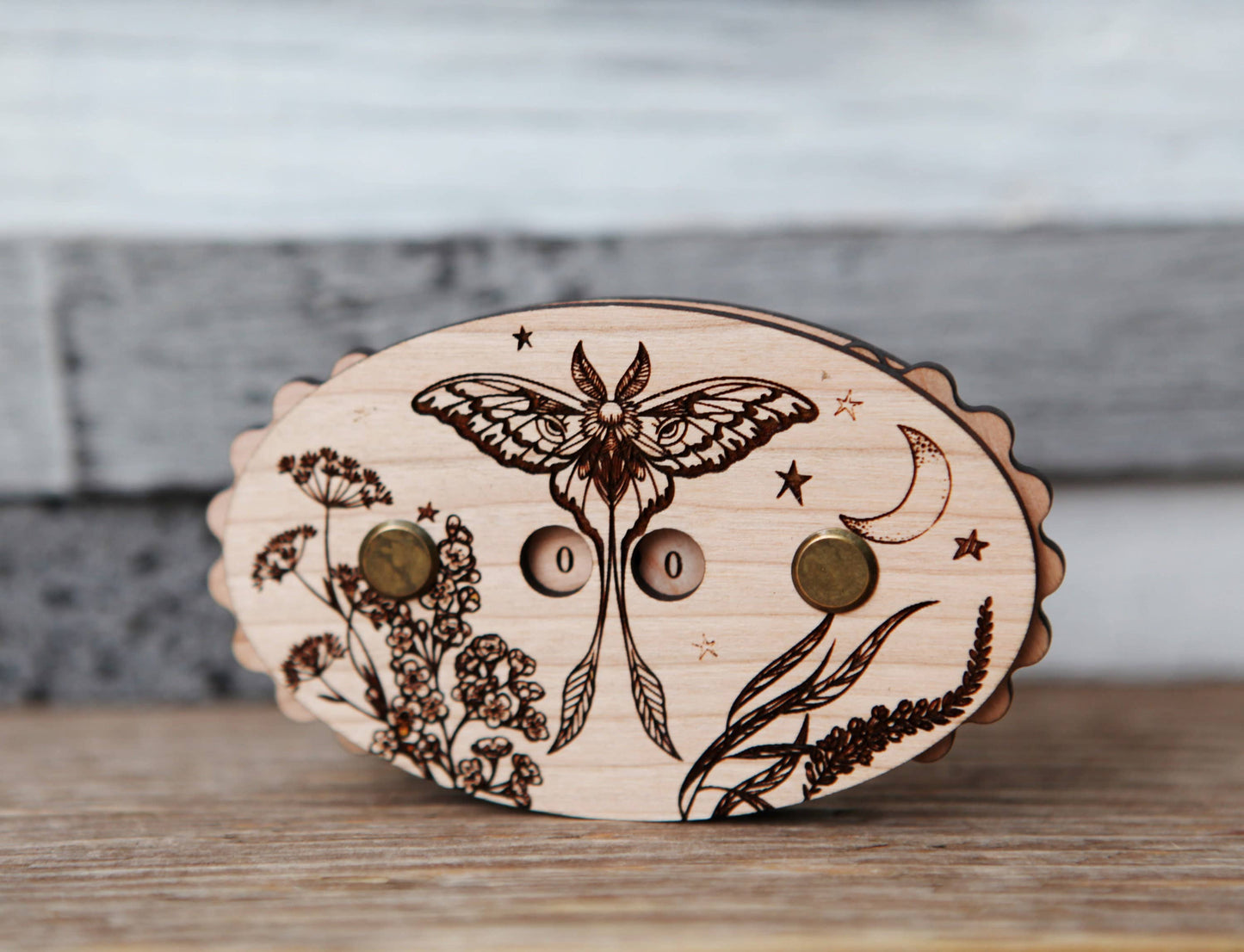 Luna Moth Cherry Wood Knitting Row Counter with Stars & Moon