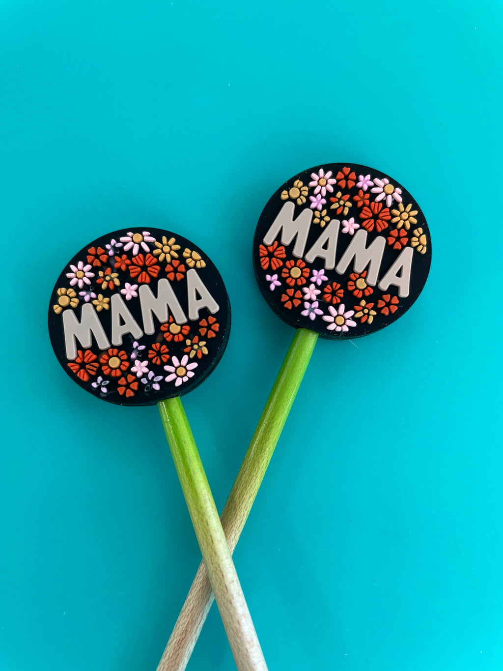 Knitting Needle Point Protectors Mama Flowers Mother Gift: Aqua "Mama" by Comma Craft Co
